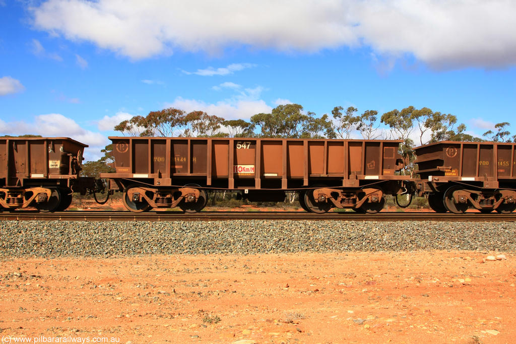 100729 01501
WOD type iron ore waggon WOD 31484 is one of a batch of sixty two built by Goninan WA between April and August 2000 with serial number 950086-056 and fleet number 547 for Koolyanobbing iron ore operations with a 75 ton capacity build date 07/2000, for Portman Mining to cart their Koolyanobbing iron ore to Esperance, now with PORTMAN painted out, Binduli Triangle, 29th July 2010.
Keywords: WOD-type;WOD31484;Goninan-WA;950086-056;