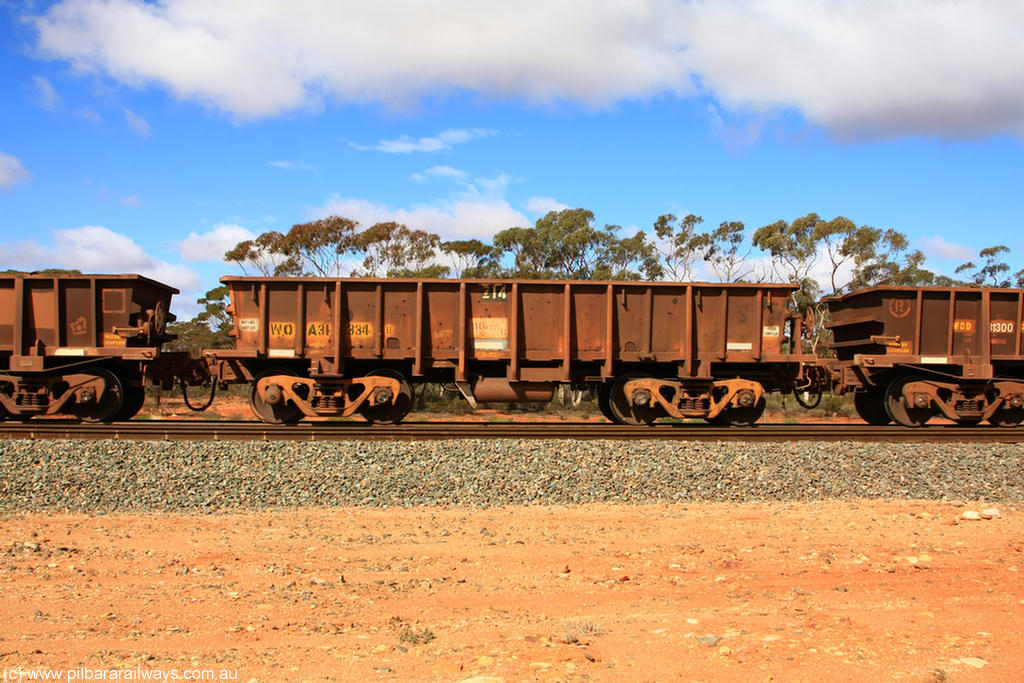 100729 01508
WOA type iron ore waggon WOA 31334 is one of a batch of thirty nine built by WAGR Midland Workshops between 1970 and 1971 with fleet number 214 for Koolyanobbing iron ore operations, with a 75 ton and 1018 ft³ capacity, at Binduli Triangle, 29th July 2010.
Keywords: WOA-type;WOA31334;WAGR-Midland-WS;