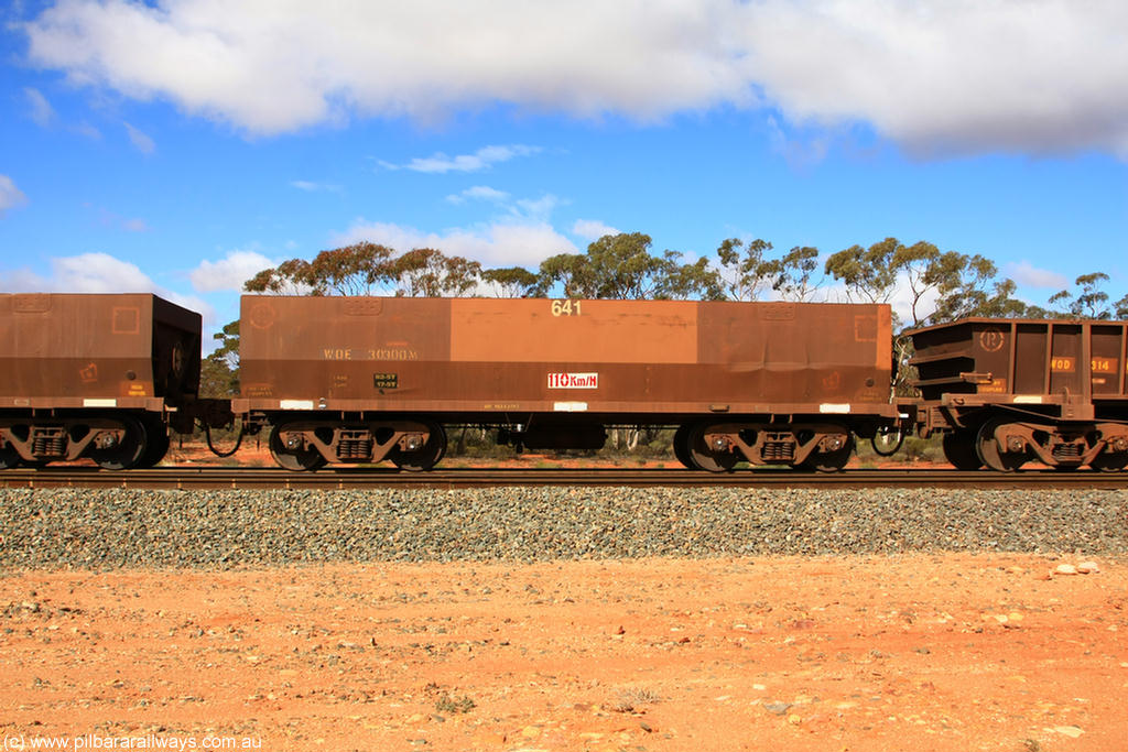 100729 01510
WOE type iron ore waggon WOE 30300 is one of a batch of one hundred and thirty built by Goninan WA between March and August 2001 with serial number 950092-050 and fleet number 641 for Koolyanobbing iron ore operations. Binduli Triangle 29th July 2010.
Keywords: WOE-type;WOE30300;Goninan-WA;950092-050;