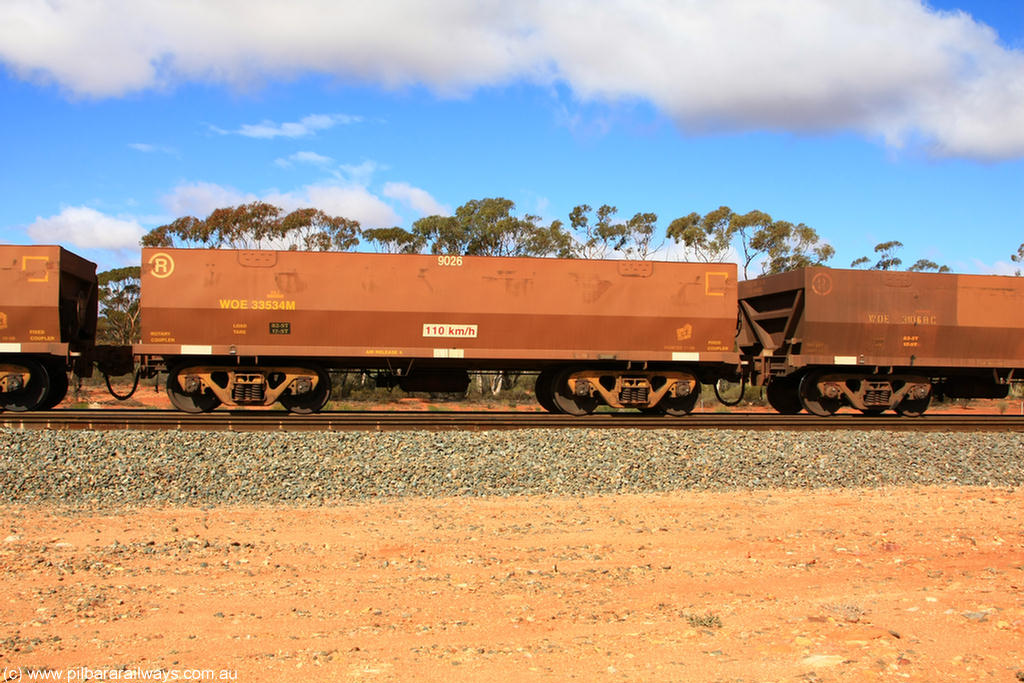 100729 01512
WOE type iron ore waggon WOE 33534 is one of a batch of one hundred and twenty eight built by United Group Rail WA between August 2008 and March 2009 with serial number 950211-074 and fleet number 9026 for Koolyanobbing iron ore operations, Binduli 29th July 2010.
Keywords: WOE-type;WOE33534;United-Group-Rail-WA;950211-074;