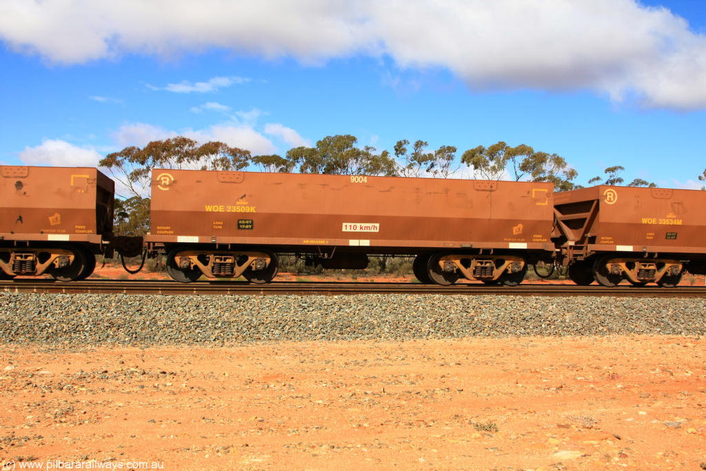 100729 01513
WOE type iron ore waggon WOE 33509 is one of a batch of one hundred and twenty eight built by United Group Rail WA between August 2008 and March 2009 with serial number 950211-049 and fleet number 9004 for Koolyanobbing iron ore operations, Binduli 29th July 2010.
Keywords: WOE-type;WOE33509;United-Group-Rail-WA;950211-049;