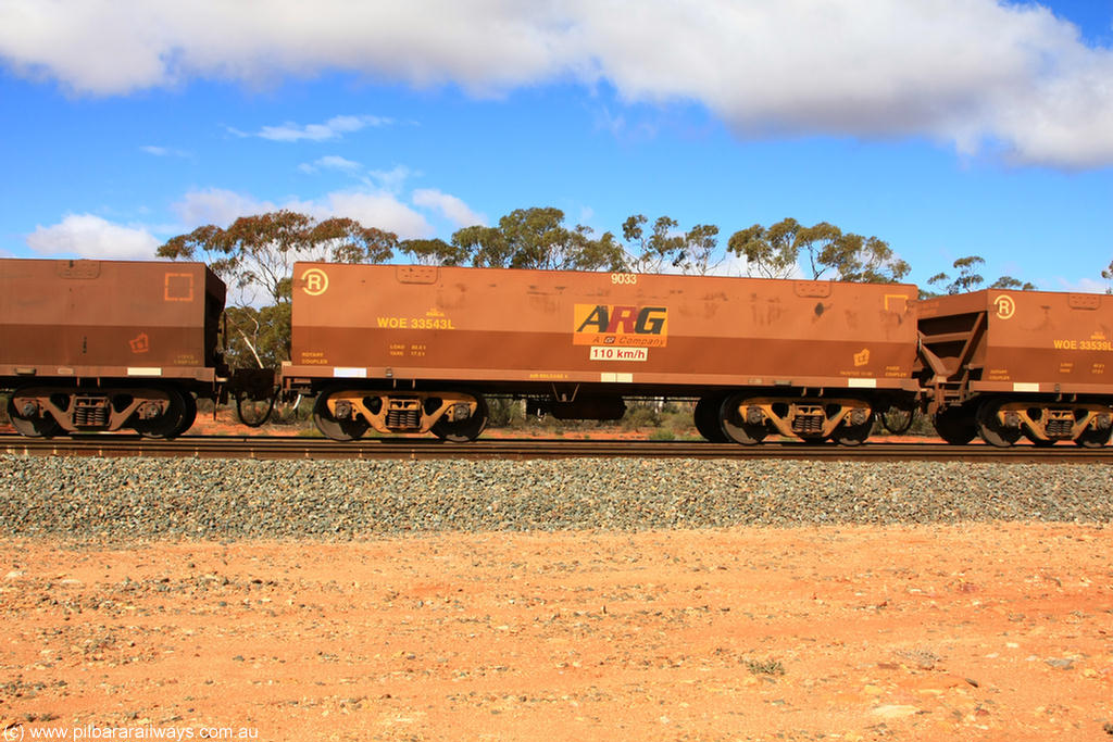 100729 01515
WOE type iron ore waggon WOE 33543 is one of a batch of one hundred and twenty eight built by United Group Rail WA between August 2008 and March 2009 with serial number 950211-083 and fleet number 9033 for Koolyanobbing iron ore operations, seen here Binduli Triangle 29th July 2010.
Keywords: WOE-type;WOE33543;United-Group-Rail-WA;950211-083;