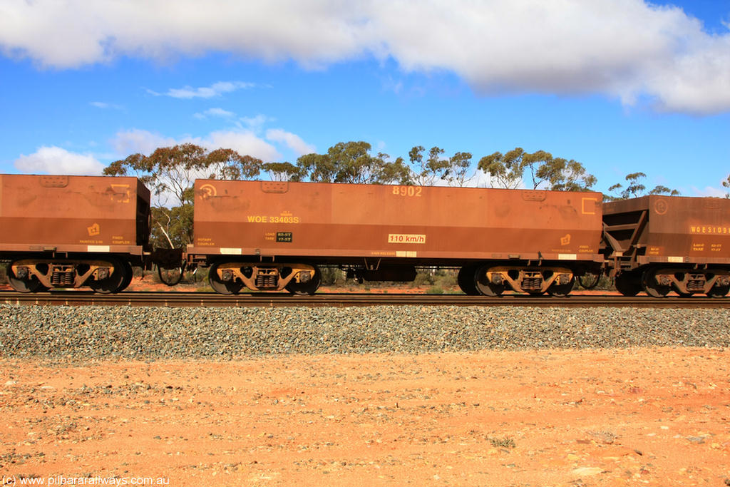 100729 01518
WOE type iron ore waggon WOE 33403 is one of a batch of one hundred and forty one built by United Group Rail WA between November 2005 and April 2006 with serial number 950142-108 and fleet number 8902 for Koolyanobbing iron ore operations with the revised down load of 82.5 tonnes and PORTMAN painted out. Binduli Triangle 29th July 2010.
Keywords: WOE-type;WOE33403;United-Group-Rail-WA;950142-108;