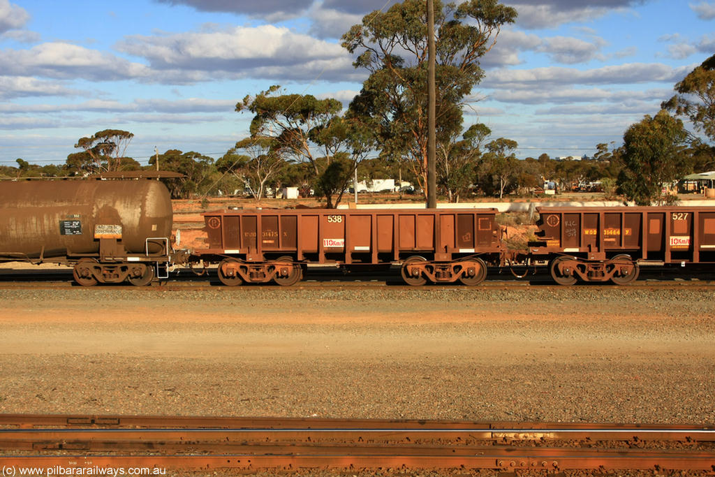 100729 01947
WOD type iron ore waggon WOD 31475 is one of a batch of sixty two built by Goninan WA between April and August 2000 with serial number 950086-047 and fleet number 538 for Koolyanobbing iron ore operations with a 75 ton capacity for Portman Mining to cart their Koolyanobbing iron ore to Esperance, now with PORTMAN painted out, West Kalgoorlie, 29th July 2010.
Keywords: WOD-type;WOD31475;Goninan-WA;950086-047;