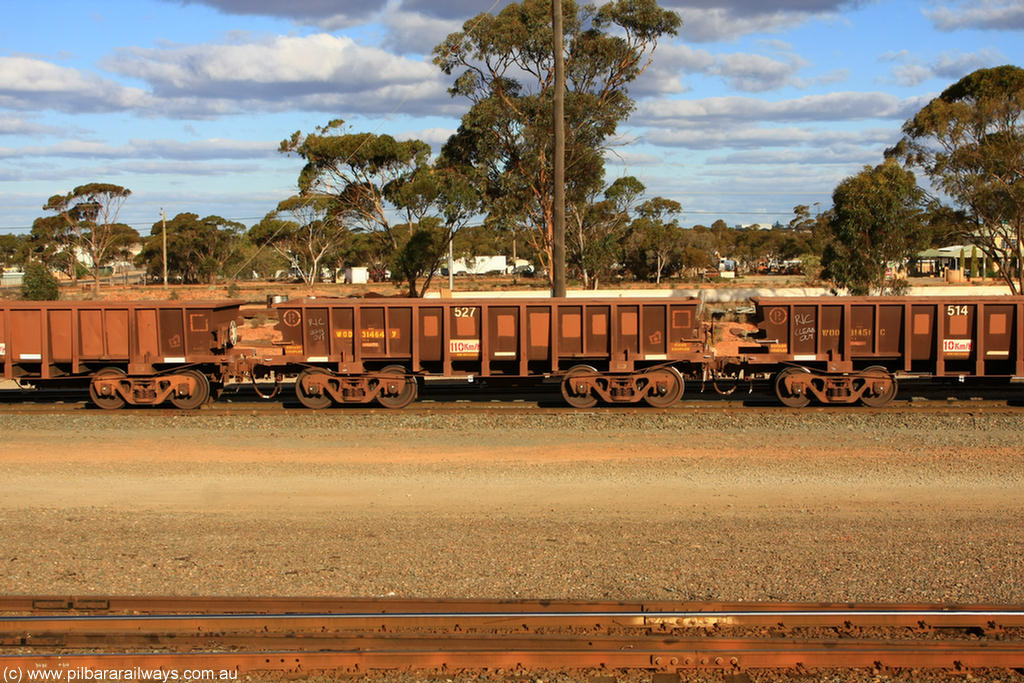 100729 01948
WOD type iron ore waggon WOD 31464 is one of a batch of sixty two built by Goninan WA between April and August 2000 with serial number 950086-036 and fleet number 527 for Koolyanobbing iron ore operations with a 75 ton capacity for Portman Mining to cart their Koolyanobbing iron ore to Esperance, now with PORTMAN painted out, West Kalgoorlie, 29th July 2010.
Keywords: WOD-type;WOD31464;Goninan-WA;950086-036;