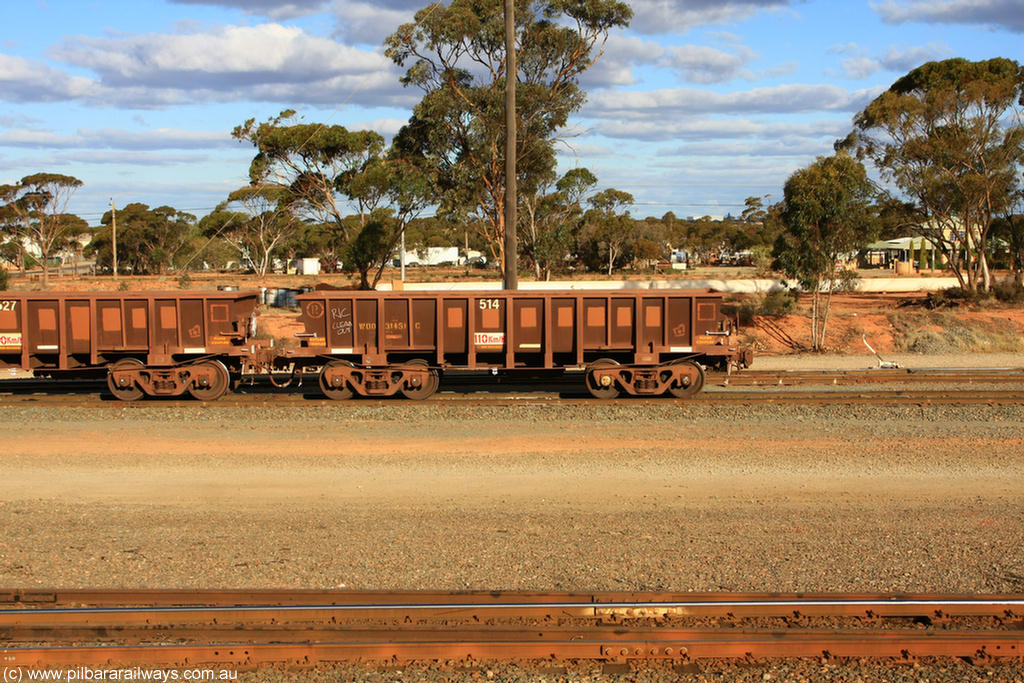 100729 01949
WOD type iron ore waggon WOD 31451 is one of a batch of sixty two built by Goninan WA between April and August 2000 with serial number 950086-023 and fleet number 514 for Koolyanobbing iron ore operations with a 75 ton capacity for Portman Mining to cart their Koolyanobbing iron ore to Esperance, now with PORTMAN painted out, West Kalgoorlie, 29th July 2010.
Keywords: WOD-type;WOD31451;Goninan-WA;950086-023;