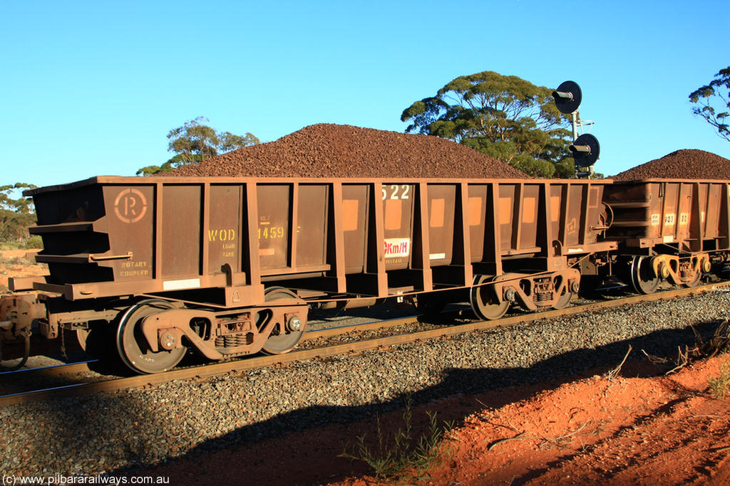 100731 02277
WOD type iron ore waggon WOD 31459 is one of a batch of sixty two built by Goninan WA between April and August 2000 with serial number 950086-031 and fleet number 522 for Koolyanobbing iron ore operations with a 75 ton capacity build date 06/2000, for Portman Mining to cart their Koolyanobbing iron ore to Esperance, now with PORTMAN painted out, on loaded train 6413 at Binduli Triangle, 31st July 2010.
Keywords: WOD-type;WOD31459;Goninan-WA;950086-031;