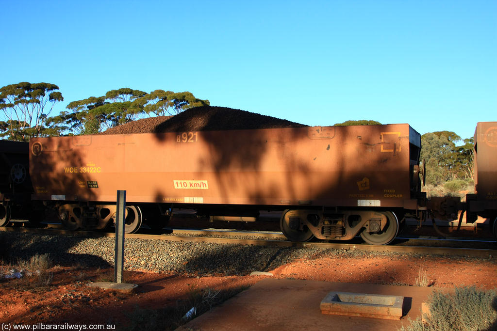 100731 02282
WOE type iron ore waggon WOE 33422 is one of a batch of one hundred and forty one built by United Group Rail WA between November 2005 and April 2006 with serial number 950142-127 and fleet number 8921 for Koolyanobbing iron ore operations, on loaded train 6413 at Binduli Triangle, 31st July 2010.
Keywords: WOE-type;WOE33422;United-Group-Rail-WA;950142-127;