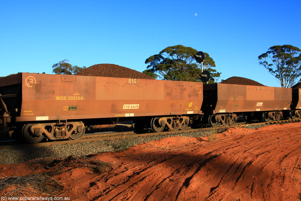 100731 02285
WOE type iron ore waggon WOE 33316 is one of a batch of one hundred and forty one built by United Goninan WA between November 2005 and April 2006 with serial number 950142-021 and fleet number 815 for Koolyanobbing iron ore operations, on loaded train 6413 at Binduli Triangle, 31st July 2010.
Keywords: WOE-type;WOE33316;United-Goninan-WA;950142-021;