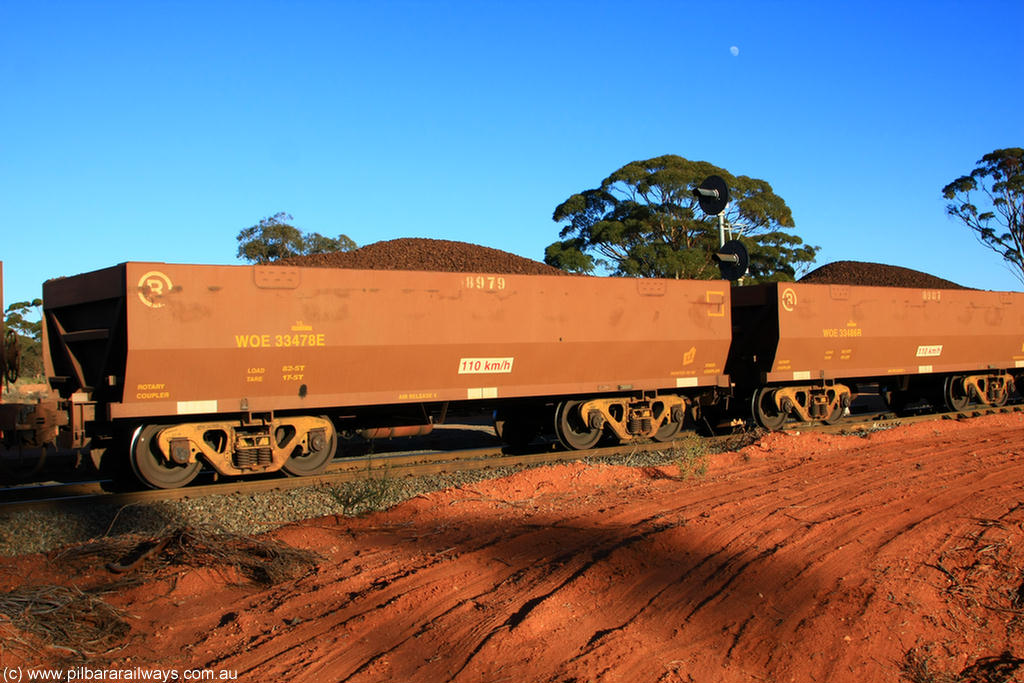 100731 02291
WOE type iron ore waggon WOE 33478 is one of a batch of one hundred and twenty eight built by United Group Rail WA between August 2008 and March 2009 with serial number 950211-020 and fleet number 8979 for Koolyanobbing iron ore operations, on loaded train 6413 at Binduli Triangle, 31st July 2010.
Keywords: WOE-type;WOE33478;United-Group-Rail-WA;950211-020;