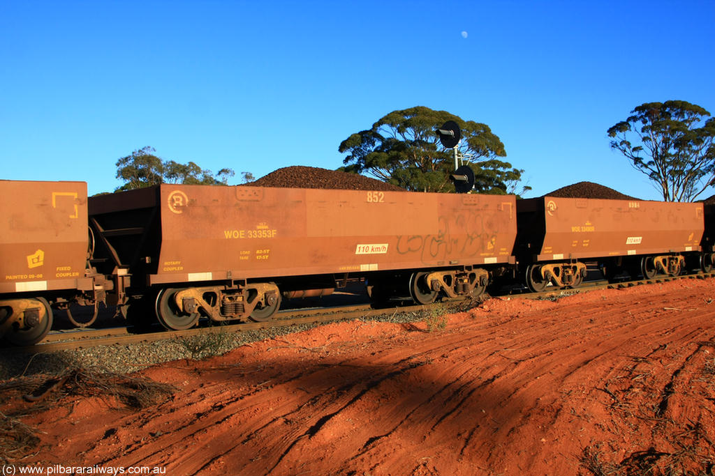 100731 02293
WOE type iron ore waggon WOE 33353 is one of a batch of one hundred and forty one built by United Goninan WA between November 2005 and April 2006 with serial number 950142-058 and fleet number 852 for Koolyanobbing iron ore operations, on loaded train 6413 at Binduli Triangle, 31st July 2010.
Keywords: WOE-type;WOE33353;United-Goninan-WA;950142-058;