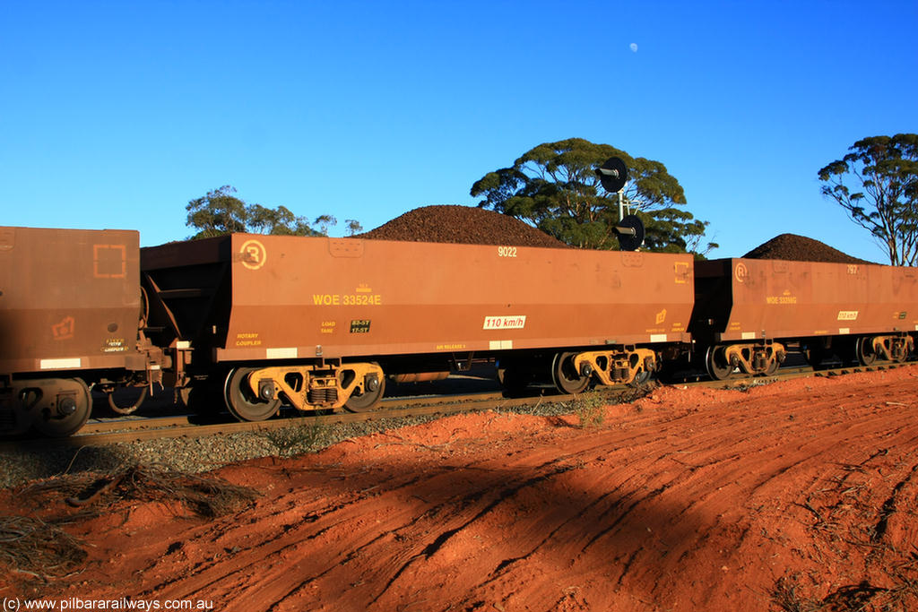100731 02305
WOE type iron ore waggon WOE 33524 is one of a batch of one hundred and twenty eight built by United Group Rail WA between August 2008 and March 2009 with serial number 950211-064 and fleet number 9022 for Koolyanobbing iron ore operations, on loaded train 6413 at Binduli Triangle, 31st July 2010.
Keywords: WOE-type;WOE33524;United-Group-Rail-WA;950211-064;
