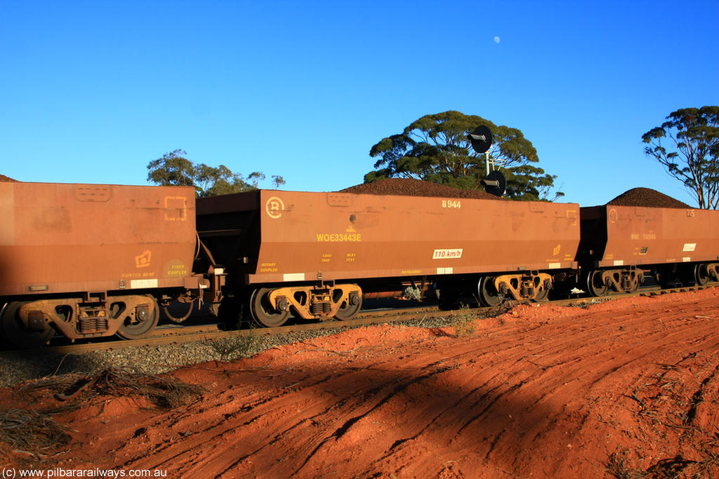 100731 02309
WOE type iron ore waggon WOE 33443 is one of a batch of seventeen built by United Group Rail WA between July and August 2008 with serial number 950209-007 and fleet number 8944 for Koolyanobbing iron ore operations, on loaded train 6413 at Binduli Triangle, 31st July 2010.
Keywords: WOE-type;WOE33443;United-Group-Rail-WA;950209-007;