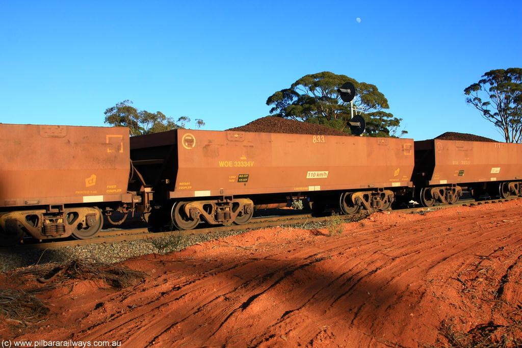 100731 02314
WOE type iron ore waggon WOE 33334 is one of a batch of one hundred and forty one built by United Goninan WA between November 2005 and April 2006 with serial number 950142-039 and fleet number 833 for Koolyanobbing iron ore operations, on loaded train 6413 at Binduli Triangle, 31st July 2010.
Keywords: WOE-type;WOE33334;United-Goninan-WA;950142-039;
