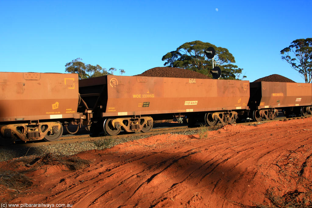 100731 02318
WOE type iron ore waggon WOE 33305 is one of a batch of one hundred and forty one built by United Goninan WA between November 2005 and April 2006 with serial number 950142-010 and fleet number 804 for Koolyanobbing iron ore operations, on loaded train 6413 at Binduli Triangle, 31st July 2010.
Keywords: WOE-type;WOE33305;United-Goninan-WA;950142-010;