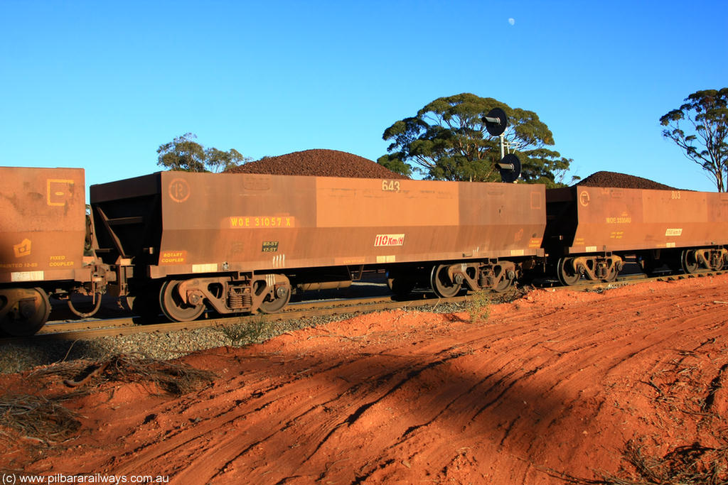 100731 02319
WOE type iron ore waggon WOE 31057 is one of a batch of fifteen built by Goninan WA between April and May 2002 with fleet number 643 for Koolyanobbing iron ore operations, on loaded train 6413 at Binduli Triangle, 31st July 2010.
Keywords: WOE-type;WOE31057;Goninan-WA;