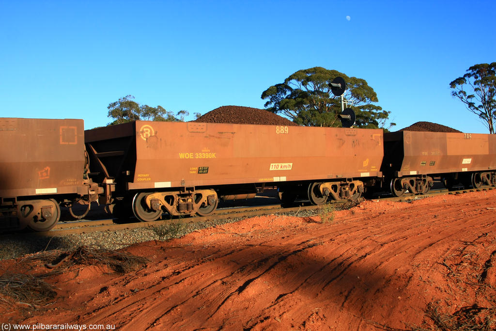 100731 02324
WOE type iron ore waggon WOE 33390 is one of a batch of one hundred and forty one built by United Group Rail WA between November 2005 and April 2006 with serial number 950142-095 and fleet number 889 for Koolyanobbing iron ore operations, on loaded train 6413 at Binduli Triangle, 31st July 2010.
Keywords: WOE-type;WOE33390;United-Group-Rail-WA;950142-095;