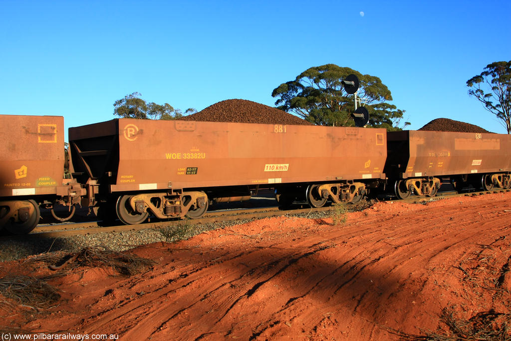 100731 02327
WOE type iron ore waggon WOE 33382 is one of a batch of one hundred and forty one built by United Group Rail WA between November 2005 and April 2006 with serial number 950142-087 and fleet number 881 for Koolyanobbing iron ore operations, on loaded train 6413 at Binduli Triangle, 31st July 2010.
Keywords: WOE-type;WOE33382;United-Group-Rail-WA;950142-087;