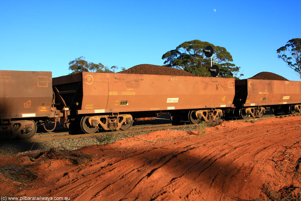 100731 02331
WOE type iron ore waggon WOE 33332 is one of a batch of one hundred and forty one built by United Goninan WA between November 2005 and April 2006 with serial number 950142-037 and fleet number 831 for Koolyanobbing iron ore operations, on loaded train 6413 at Binduli Triangle, 31st July 2010.
Keywords: WOE-type;WOE33332;United-Goninan-WA;950142-037;