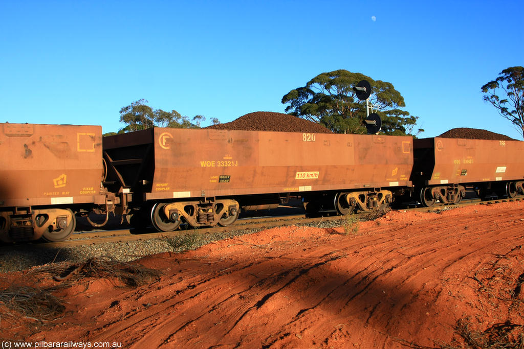 100731 02332
WOE type iron ore waggon WOE 33321 is one of a batch of one hundred and forty one built by United Goninan WA between November 2005 and April 2006 with serial number 950142-026 and fleet number 820 for Koolyanobbing iron ore operations, on loaded train 6413 at Binduli Triangle, 31st July 2010.
Keywords: WOE-type;WOE33321;United-Goninan-WA;950142-026;