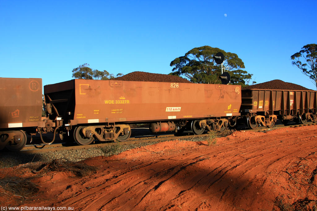 100731 02341
WOE type iron ore waggon WOE 33327 is one of a batch of one hundred and forty one built by United Goninan WA between November 2005 and April 2006 with serial number 950142-032 and fleet number 826 for Koolyanobbing iron ore operations, on loaded train 6413 at Binduli Triangle, 31st July 2010.
Keywords: WOE-type;WOE33327;United-Goninan-WA;950142-032;