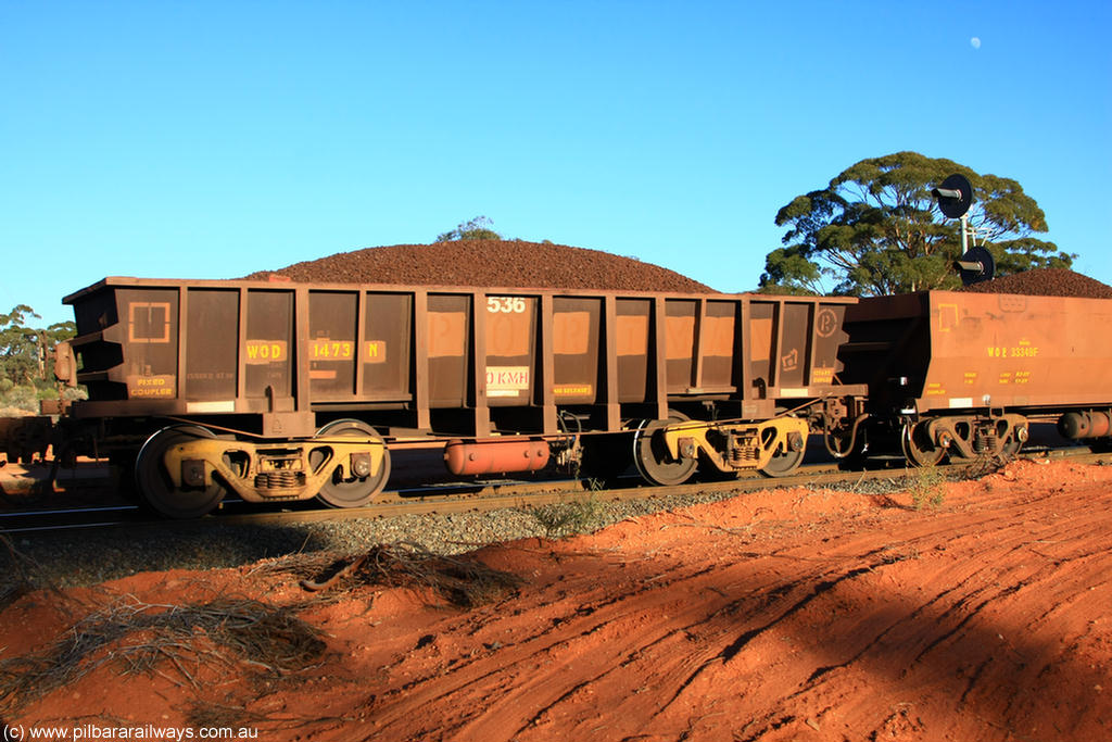 100731 02363
WOD type iron ore waggon WOD 31473 is one of a batch of sixty two built by Goninan WA between April and August 2000 with serial number 950086-045 and fleet number 536 for Koolyanobbing iron ore operations with a 75 ton capacity for Portman Mining to cart their Koolyanobbing iron ore to Esperance, now with PORTMAN painted out, on loaded train 6413 at Binduli Triangle, 31st July 2010.
Keywords: WOD-type;WOD31473;Goninan-WA;950086-045;