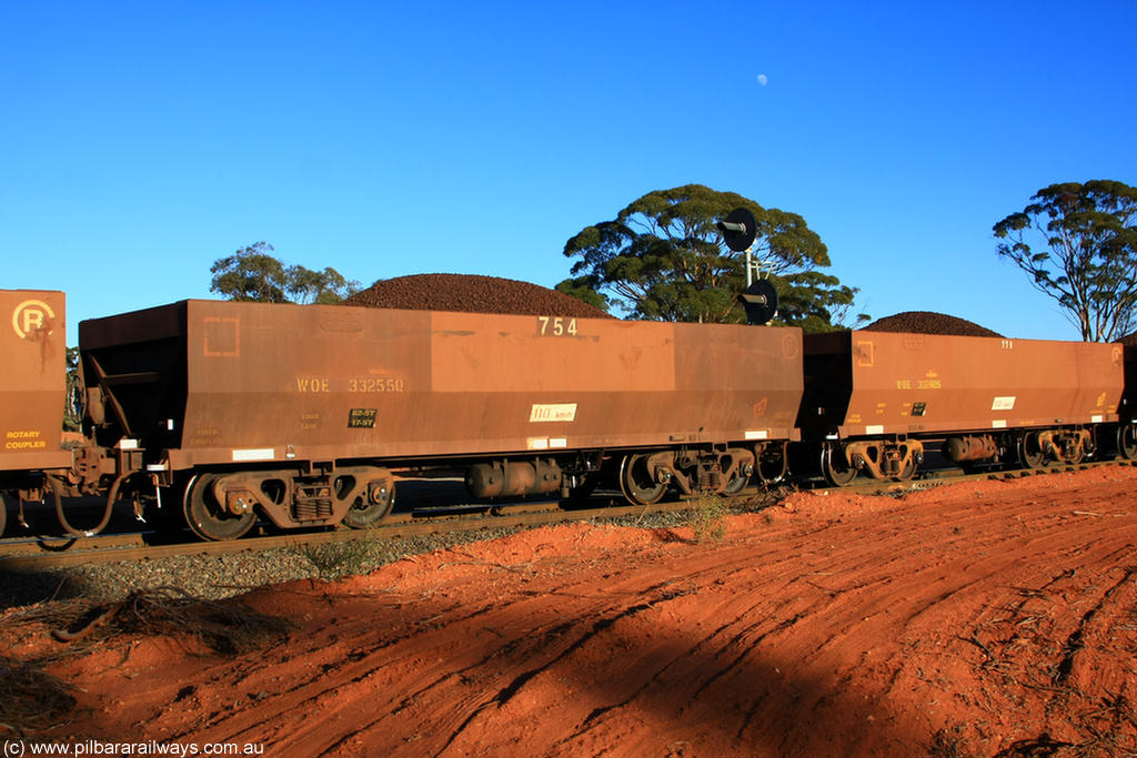 100731 02367
WOE type iron ore waggon WOE 33255 is one of a batch of twenty seven built by Goninan WA between September and October 2002 with serial number 950103-022 and fleet number 754 for Koolyanobbing iron ore operations, on loaded train 6413 at Binduli Triangle, 31st July 2010.
Keywords: WOE-type;WOE33255;Goninan-WA;950103-022;