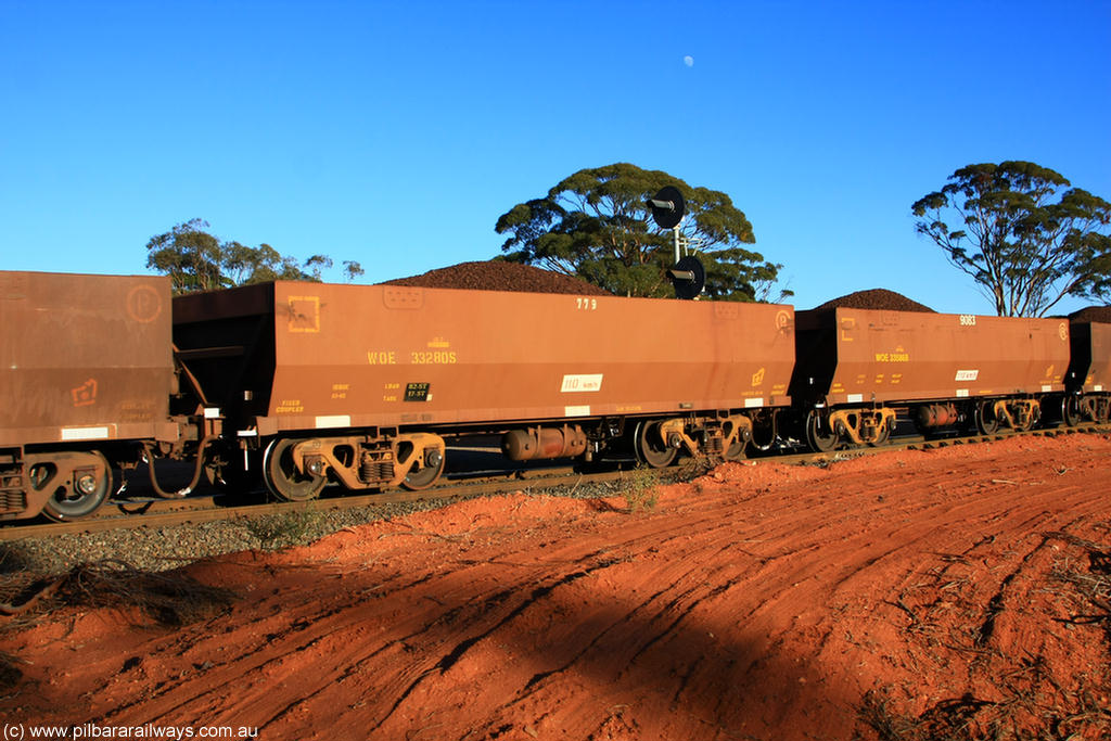 100731 02368
WOE type iron ore waggon WOE 33280 is one of a batch of thirty five built by United Goninan WA between January and April 2005 with serial number 950104-020 and fleet number 779 for Koolyanobbing iron ore operations, on loaded train 6413 at Binduli Triangle, 31st July 2010.
Keywords: WOE-type;WOE33280;United-Goninan-WA;950104-020;