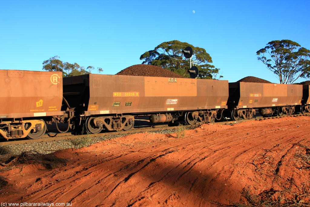 100731 02375
WOE type iron ore waggon WOE 30256 is one of a batch of one hundred and thirty built by Goninan WA between March and August 2001 with serial number 950092-006 and fleet number 606 for Koolyanobbing iron ore operations, on loaded train 6413 at Binduli Triangle, 31st July 2010.
Keywords: WOE-type;WOE30256;Goninan-WA;950092-006;