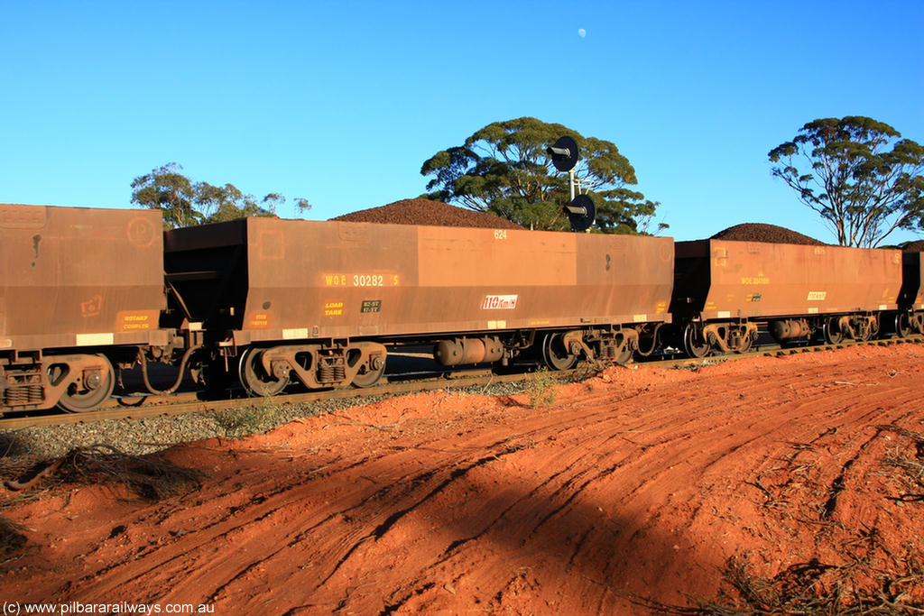 100731 02376
WOE type iron ore waggon WOE 30282 is one of a batch of one hundred and thirty built by Goninan WA between March and August 2001 with serial number 950092-032 and fleet number 624 for Koolyanobbing iron ore operations, on loaded train 6413 at Binduli Triangle, 31st July 2010.
Keywords: WOE-type;WOE30282;Goninan-WA;950092-032;