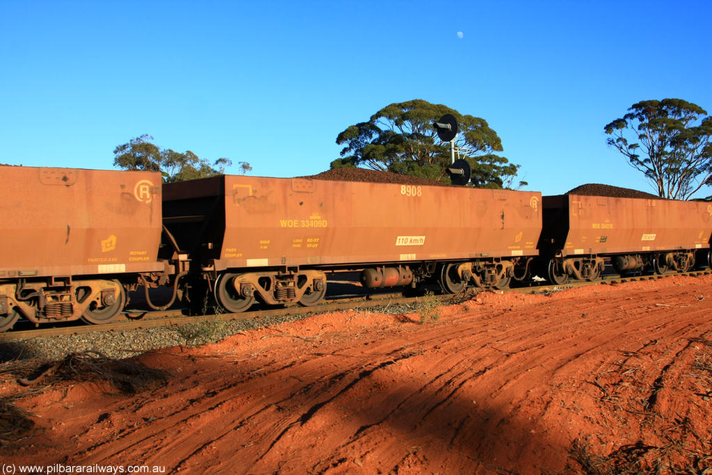 100731 02382
WOE type iron ore waggon WOE 33409 is one of a batch of one hundred and forty one built by United Group Rail WA between November 2005 and April 2006 with serial number 950142-114 and fleet number 8908 for Koolyanobbing iron ore operations, on loaded train 6413 at Binduli Triangle, 31st July 2010.
Keywords: WOE-type;WOE33409;United-Group-Rail-WA;950142-114;