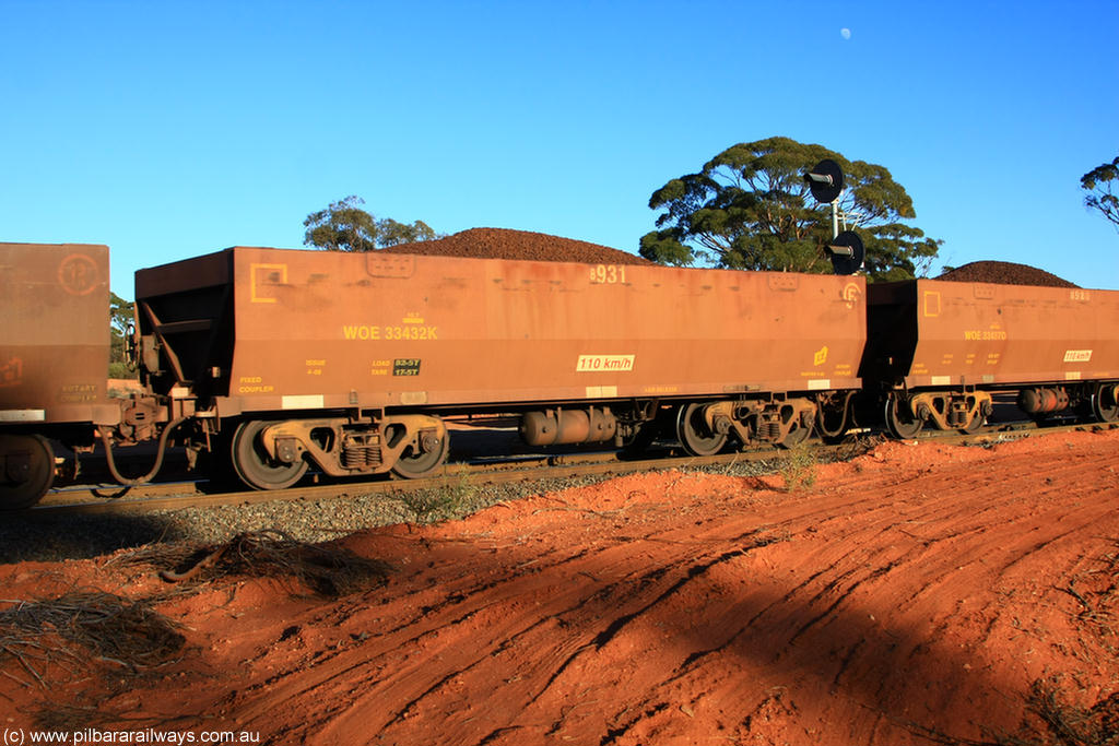 100731 02386
WOE type iron ore waggon WOE 33432 is one of a batch of one hundred and forty one built by United Group Rail WA between November 2005 and April 2006 with serial number 950142-137 and fleet number 8931 for Koolyanobbing iron ore operations, on loaded train 6413 at Binduli Triangle, 31st July 2010.
Keywords: WOE-type;WOE33432;United-Group-Rail-WA;950142-137;