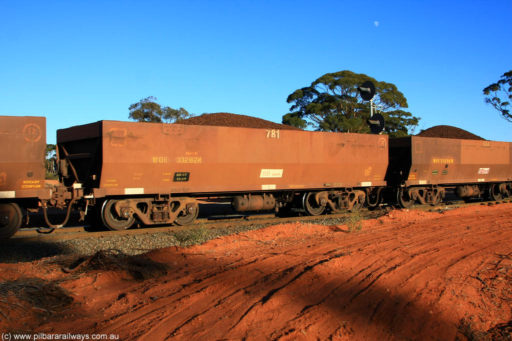100731 02391
WOE type iron ore waggon WOE 33282 is one of a batch of thirty five built by United Goninan WA between January and April 2005 with serial number 950104-022 and fleet number 781 for Koolyanobbing iron ore operations, on loaded train 6413 at Binduli Triangle, 31st July 2010.
Keywords: WOE-type;WOE33282;United-Goninan-WA;950104-022;