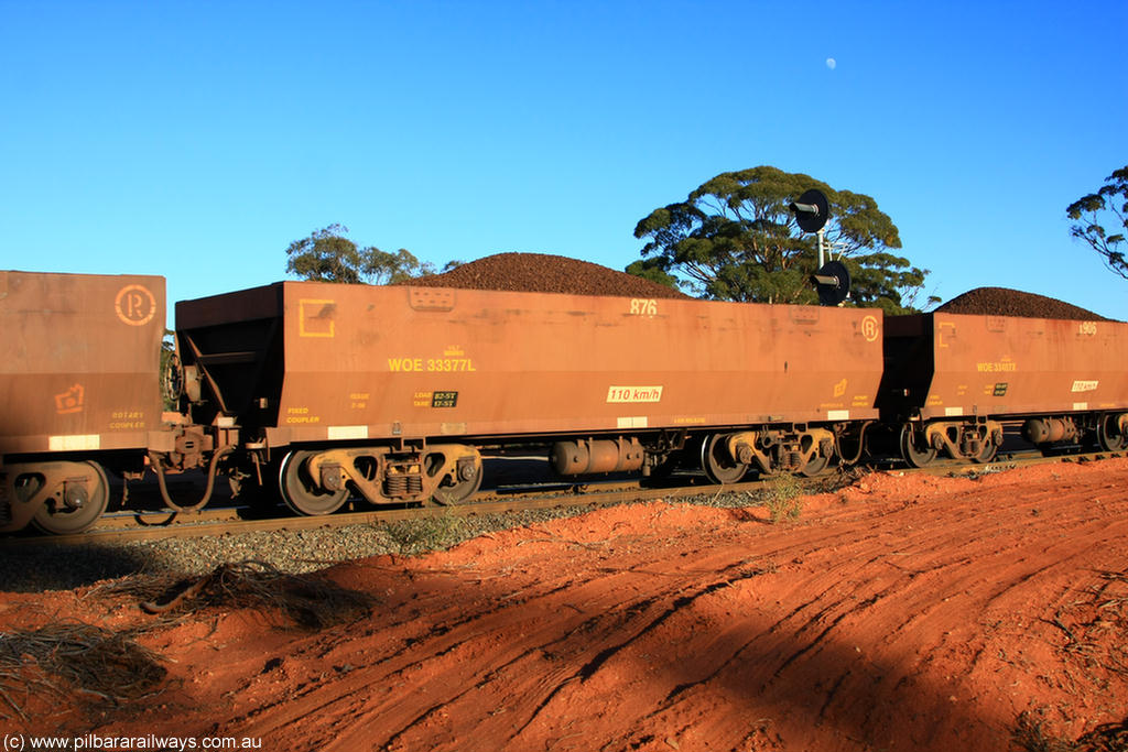 100731 02394
WOE type iron ore waggon WOE 33377 is one of a batch of one hundred and forty one built by United Goninan WA between November 2005 and April 2006 with serial number 950142-082 and fleet number 876 for Koolyanobbing iron ore operations, on loaded train 6413 at Binduli Triangle, 31st July 2010.
Keywords: WOE-type;WOE33377;United-Goninan-WA;950142-082;