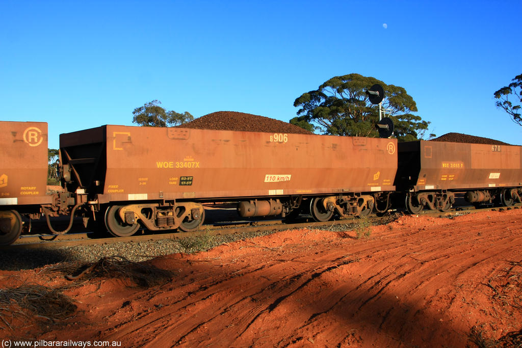 100731 02395
WOE type iron ore waggon WOE 33407 is one of a batch of one hundred and forty one built by United Group Rail WA between November 2005 and April 2006 with serial number 950142-112 and fleet number 8906 for Koolyanobbing iron ore operations, on loaded train 6413 at Binduli Triangle, 31st July 2010.
Keywords: WOE-type;WOE33407;United-Group-Rail-WA;950142-112;