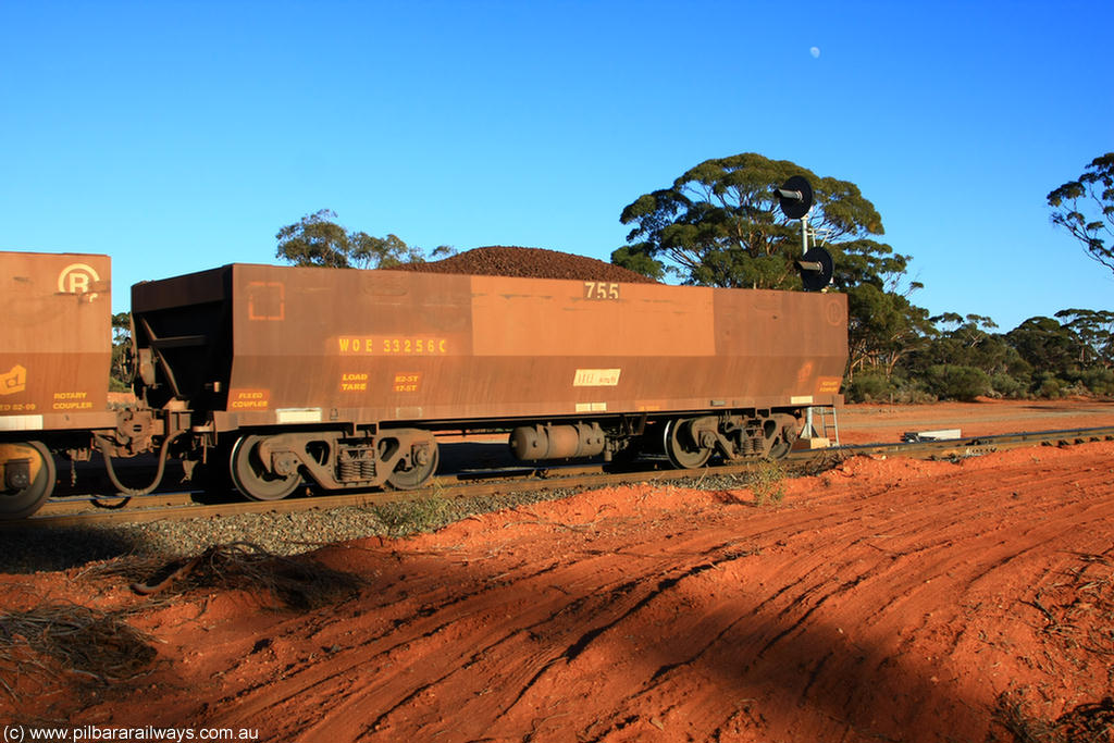 100731 02399
WOE type iron ore waggon WOE 33256 is one of a batch of twenty seven built by Goninan WA between September and October 2002 with serial number 950103-023 and fleet number 755 for Koolyanobbing iron ore operations, on loaded train 6413 at Binduli Triangle, 31st July 2010.
Keywords: WOE-type;WOE33256;Goninan-WA;950103-023;
