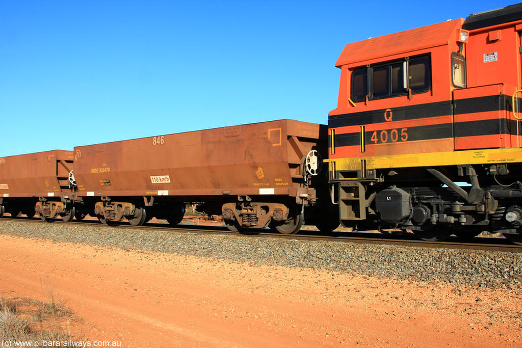 100731 02414
WOE type iron ore waggon WOE 33347 is one of a batch of one hundred and forty one built by United Goninan WA between November 2005 and April 2006 with serial number 950142-052 and fleet number 846 for Koolyanobbing iron ore operations, on empty train 6418 at Binduli Triangle, 31st July 2010.
Keywords: WOE-type;WOE33347;United-Goninan-WA;950142-052;