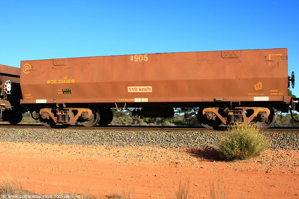 100731 02415
WOE type iron ore waggon WOE 33406 is one of a batch of one hundred and forty one built by United Group Rail WA between November 2005 and April 2006 with serial number 950142-111 and fleet number 8905 for Koolyanobbing iron ore operations, on empty train 6418 at Binduli Triangle, 31st July 2010.
Keywords: WOE-type;WOE33406;United-Group-Rail-WA;950142-111;
