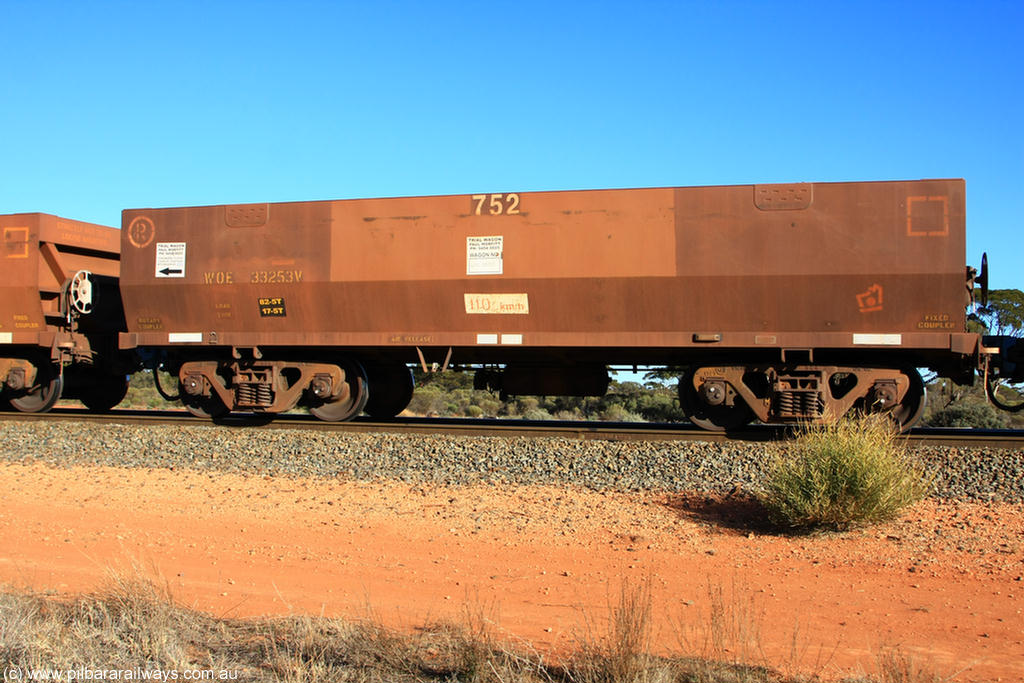 100731 02416
WOE type iron ore waggon WOE 33253 is one of a batch of twenty seven built by Goninan WA between September and October 2002 with serial number 950103-020 and fleet number 752 for Koolyanobbing iron ore operations Trial waggon, on empty train 6418 at Binduli Triangle, 31st July 2010.
Keywords: WOE-type;WOE33253;Goninan-WA;950103-020;