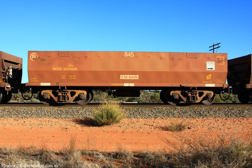 100731 02417
WOE type iron ore waggon WOE 33346 is one of a batch of one hundred and forty one built by United Goninan WA between November 2005 and April 2006 with serial number 950142-051 and fleet number 845 for Koolyanobbing iron ore operations Trial waggon, on empty train 6418 at Binduli Triangle, 31st July 2010.
Keywords: WOE-type;WOE33346;United-Goninan-WA;950142-051;