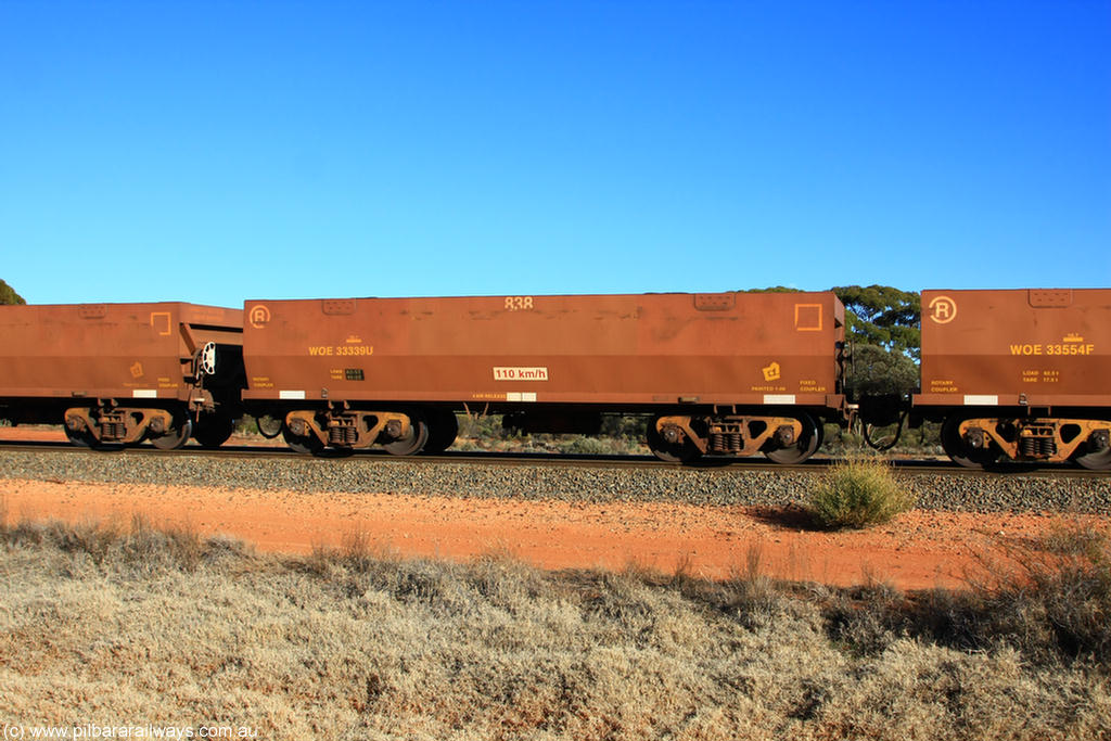 100731 02429
WOE type iron ore waggon WOE 33339 is one of a batch of one hundred and forty one built by United Goninan WA between November 2005 and April 2006 with serial number 950142-044 and fleet number 838 for Koolyanobbing iron ore operations, on empty train 6418 at Binduli Triangle, 31st July 2010.
Keywords: WOE-type;WOE33339;United-Goninan-WA;950142-044;