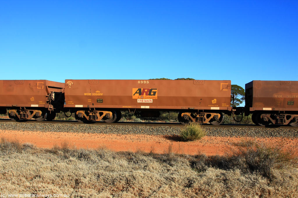100731 02443
WOE type iron ore waggon WOE 33500 is one of a batch of one hundred and twenty eight built by United Group Rail WA between August 2008 and March 2009 with serial number 950211-040 and fleet number 8995 and ARG decal for Koolyanobbing iron ore operations, on empty train 6418 at Binduli Triangle, 31st July 2010.
Keywords: WOE-type;WOE33500;United-Group-Rail-WA;950211-040;