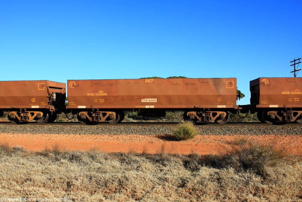 100731 02456
WOE type iron ore waggon WOE 33368 is one of a batch of one hundred and forty one built by United Goninan WA between November 2005 and April 2006 with serial number 950142-073 and fleet number 867 for Koolyanobbing iron ore operations, on empty train 6418 at Binduli Triangle, 31st July 2010.
Keywords: WOE-type;WOE33368;United-Goninan-WA;950142-073;