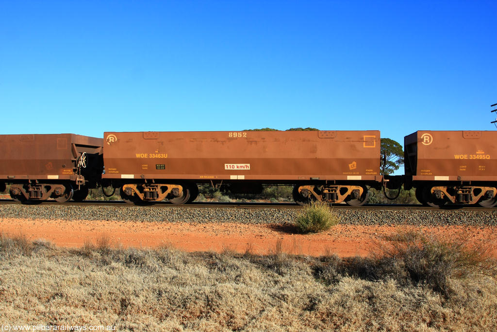 100731 02467
WOE type iron ore waggon WOE 33463 is one of a batch of one hundred and twenty eight built by United Group Rail WA between August 2008 and March 2009 with serial number 950211-005 and fleet number 8952 for Koolyanobbing iron ore operations, on empty train 6418 at Binduli Triangle, 31st July 2010.
Keywords: WOE-type;WOE33463;United-Group-Rail-WA;950211-005;