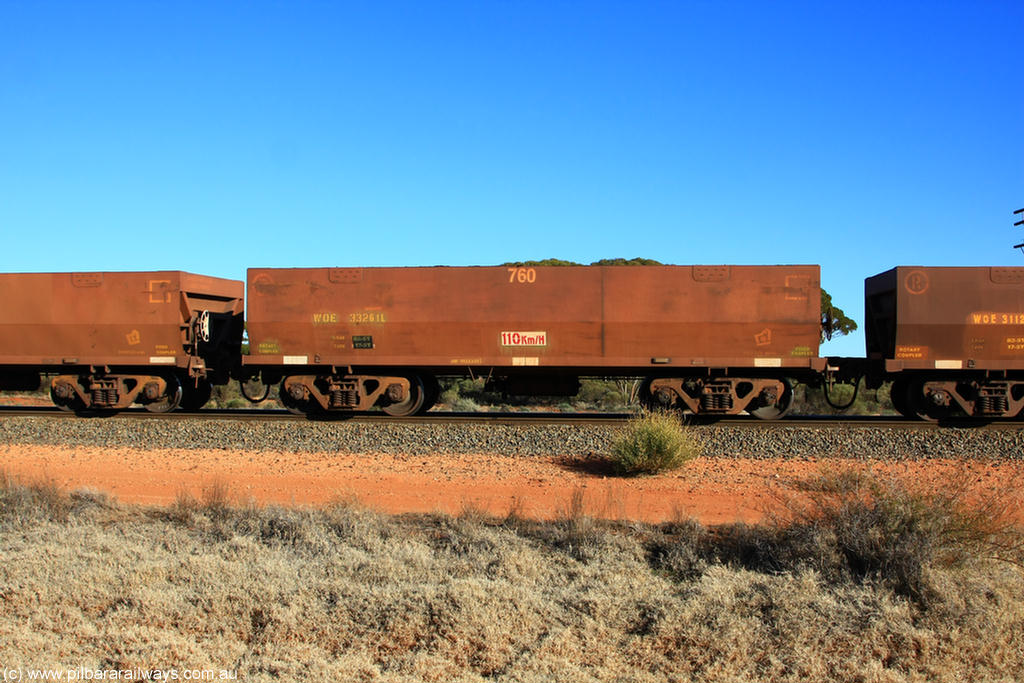 100731 02469
WOE type iron ore waggon WOE 33261 is leader of a batch of thirty five built by Goninan WA between September and October 2002 with serial number 950104-001 and fleet number 760 for Koolyanobbing iron ore operations, on empty train 6418 at Binduli Triangle, 31st July 2010.
Keywords: WOE-type;WOE33261;Goninan-WA;950104-001;