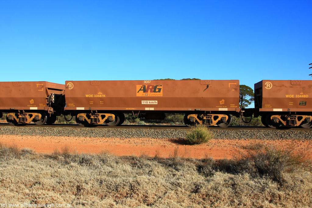 100731 02473
WOE type iron ore waggon WOE 33587 is one of a batch of one hundred and twenty eight built by United Group Rail WA between August 2008 and March 2009 with serial number 950211-127 and fleet number 9087 for Koolyanobbing iron ore operations, on empty train 6418 at Binduli Triangle, 31st July 2010.
Keywords: WOE-type;WOE33587;United-Group-Rail-WA;950211-127;