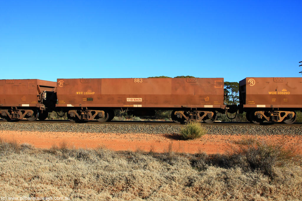 100731 02475
WOE type iron ore waggon WOE 33384 is one of a batch of one hundred and forty one built by United Group Rail WA between November 2005 and April 2006 with serial number 950142-089 and fleet number 883 for Koolyanobbing iron ore operations, on empty train 6418 at Binduli Triangle, 31st July 2010.
Keywords: WOE-type;WOE33384;United-Group-Rail-WA;950142-089;