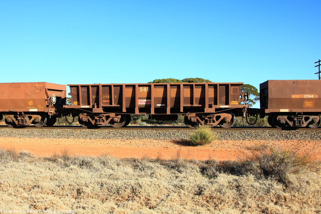 100731 02480
WOD type iron ore waggon WOD 31483 is one of a batch of sixty two built by Goninan WA between April and August 2000 with serial number 950086-055 and fleet number 546 for Koolyanobbing iron ore operations with a 75 ton capacity for Portman Mining to cart their Koolyanobbing iron ore to Esperance, now with PORTMAN painted out, on empty train 6418 at Binduli Triangle, 31st July 2010.
Keywords: WOD-type;WOD31483;Goninan-WA;950086-055;