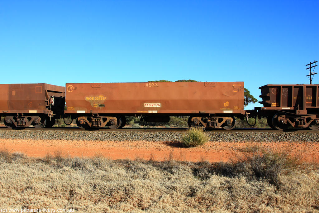 100731 02481
WOE type iron ore waggon WOE 33434 is one of a batch of one hundred and forty one built by United Group Rail WA between November 2005 and April 2006 with serial number 950142-139 and fleet number 8933 for Koolyanobbing iron ore operations, on empty train 6418 at Binduli Triangle, 31st July 2010.
Keywords: WOE-type;WOE33434;United-Group-Rail-WA;950142-139;