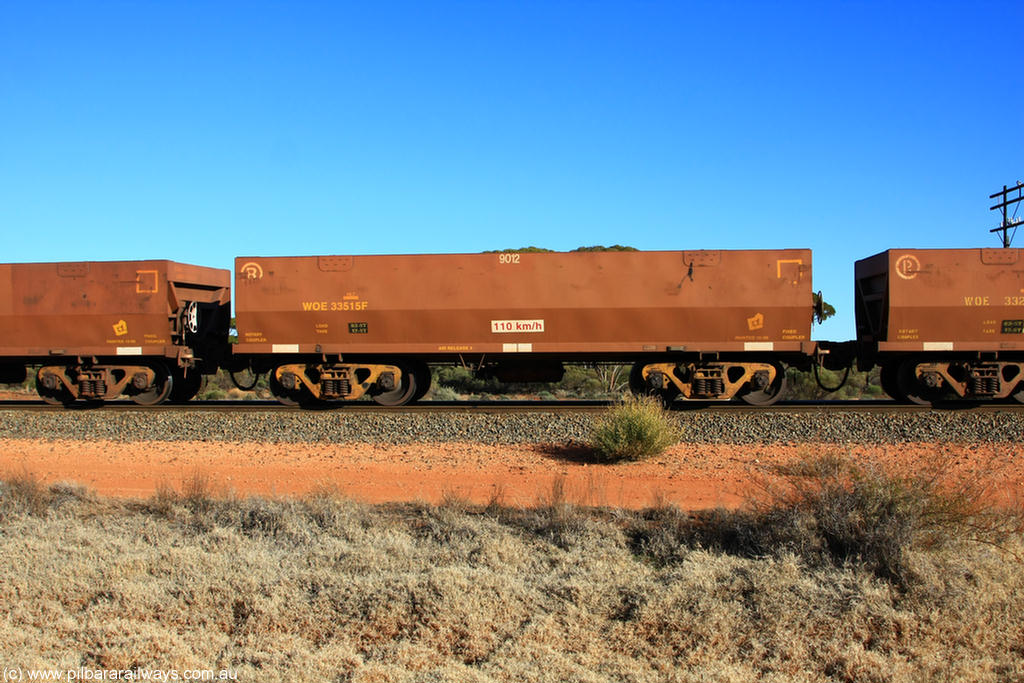 100731 02484
WOE type iron ore waggon WOE 33515 is one of a batch of one hundred and twenty eight built by United Group Rail WA between August 2008 and March 2009 with serial number 950211-055 and fleet number 9012 for Koolyanobbing iron ore operations, on empty train 6418 at Binduli Triangle, 31st July 2010.
Keywords: WOE-type;WOE33515;United-Group-Rail-WA;950211-055;